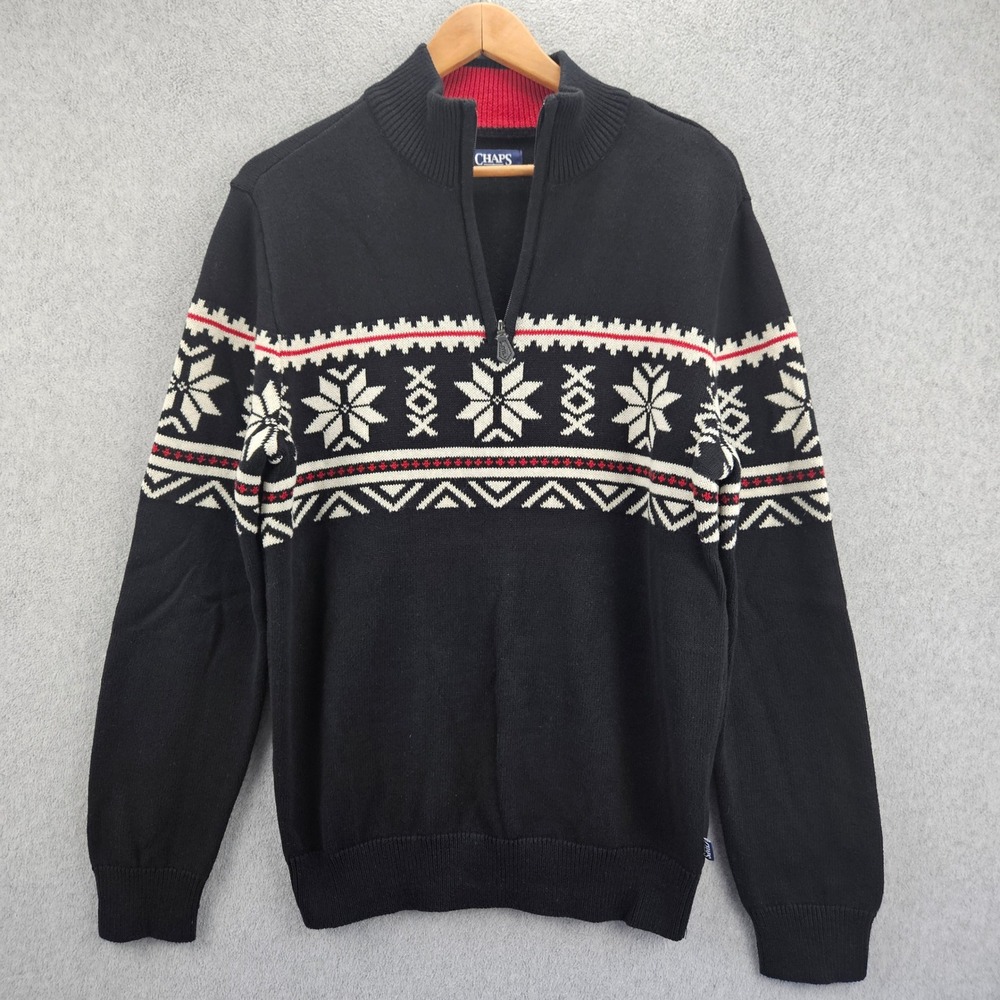 CHAPS Quarter Zip Sweater Men S Black Fair Isle Cotton Pullover Winter Holiday